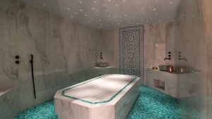 foto spa raum alles aus marmor mit einer marmor liege und zwei edlen waschbecken in der ecke im luxuriösen hochklassigen exklusiven designer hotel santa marina auf mykonos in griechenland europa